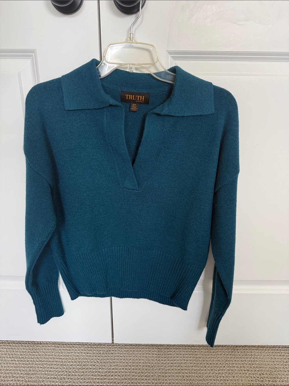TRUTH Teal V-Neck Collared Knit Sweater